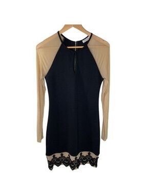 Cisa Black Sheath Dress Womens Medium Lace Hem Long Sleeve